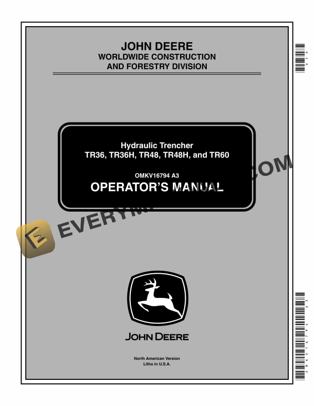 John Deere TR36 TR36H TR48 TR48H and TR60 Hydraulic Trencher Operator Manual OMKV16794 1