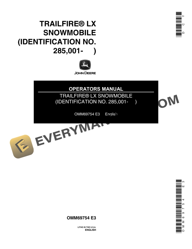 John Deere Trailfire LX Snowmobile Operator Manual OMM69754