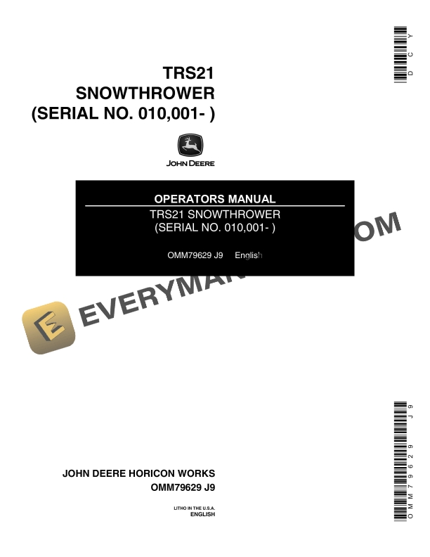 John Deere TRS21 SNOWTHROWER Operator Manual OMM79629 1