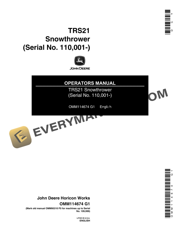 John Deere TRS21 Snowthrower Operator Manual OMM114674 1