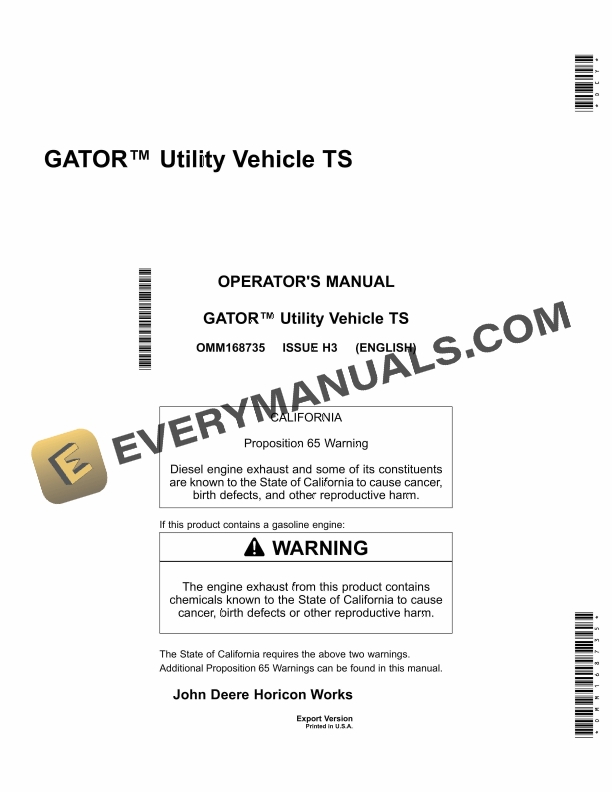 John Deere TS Gator Utility Vehicle Operator Manual OMM168735