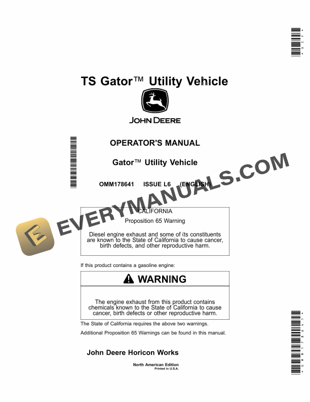John Deere TS Gator Utility Vehicle Operator Manual OMM178641