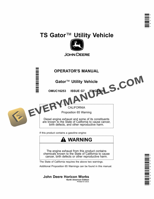 John Deere TS Gator Utility Vehicle Operator Manual OMUC16253