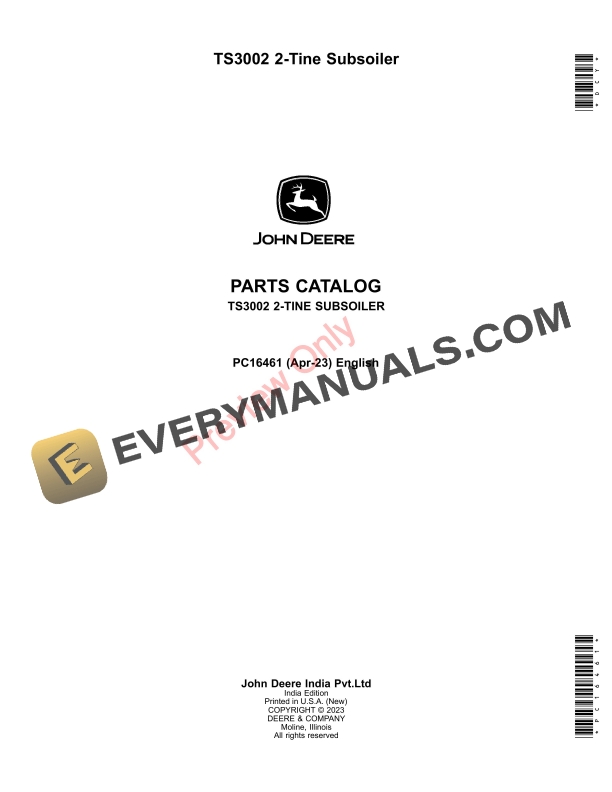 John Deere TS3002 2-Tine Subsoiler Parts Catalog PC16461 10APR23