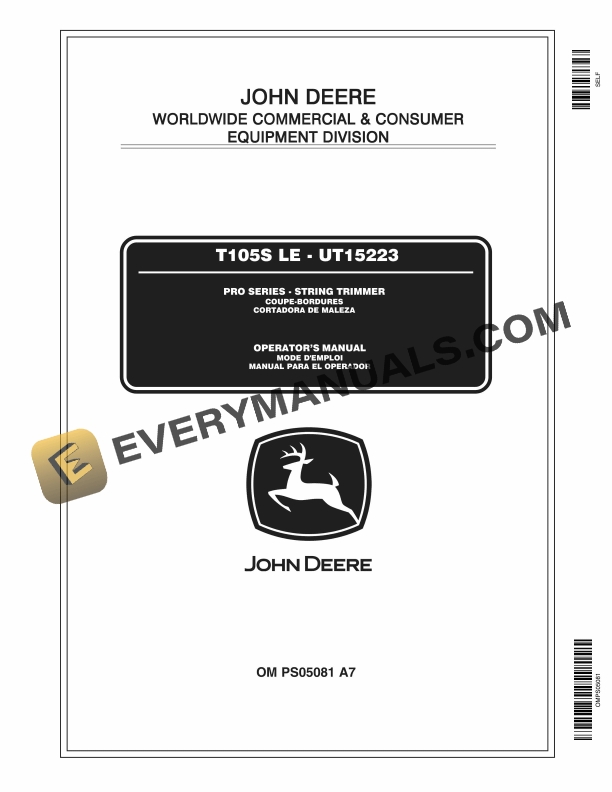 John Deere TT105S LE - UT15223 Pro Series - String Trimmer Operator Manual OMPS05081