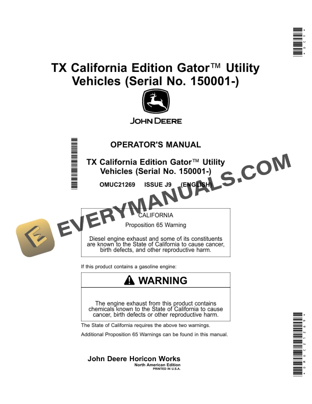 John Deere TX California Edition Gator Utility Vehicles Operator Manual OMUC21269
