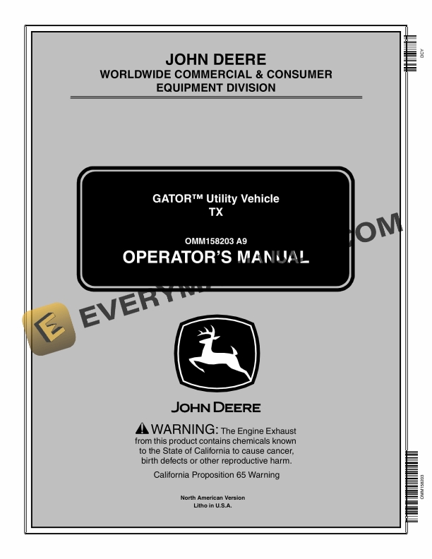 John Deere TX Gator Utility Vehicle Operator Manual OMM158203