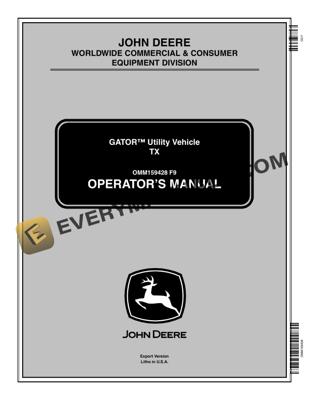 John Deere TX Gator Utility Vehicle Operator Manual OMM159428