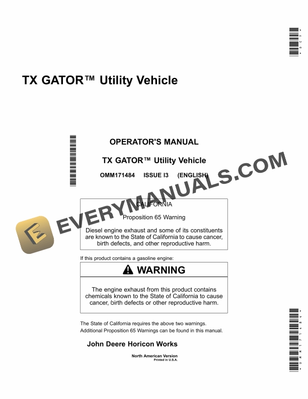 John Deere TX Gator Utility Vehicle Operator Manual OMM171484 3 John Deere TX Gator Utility Vehicle Operator Manual OMM171484
