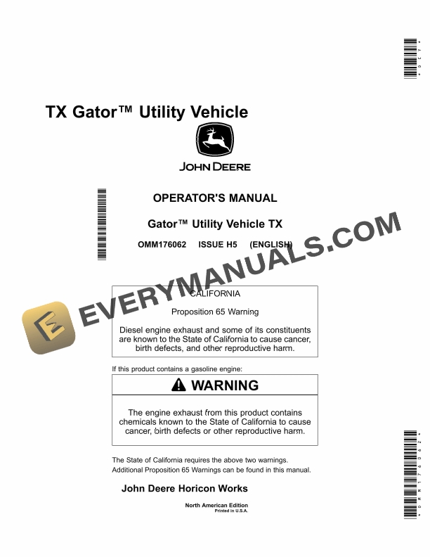John Deere TX Gator Utility Vehicle Operator Manual OMM176062