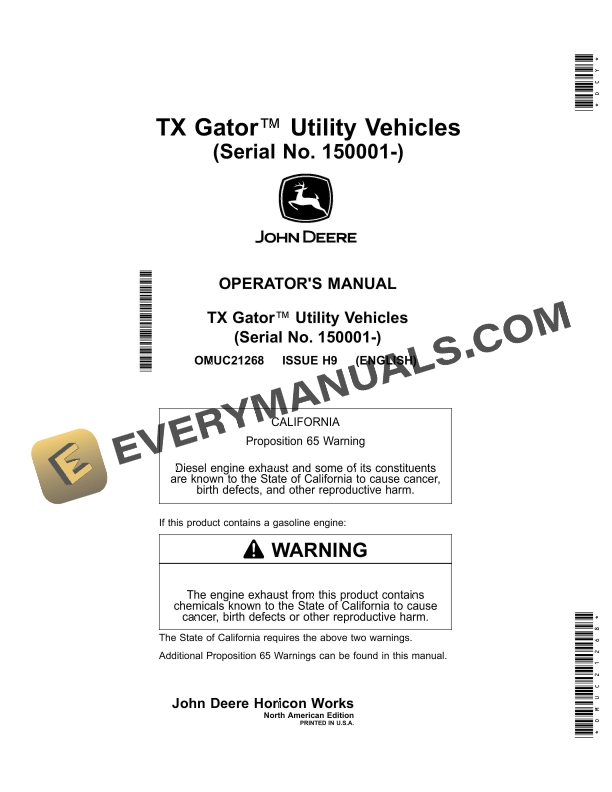John Deere TX Gator Utility Vehicle Operator Manual OMUC21268