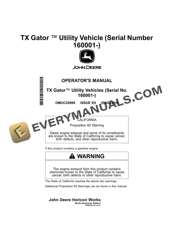 John Deere TX Gator Utility Vehicle Operator Manual OMUC25999