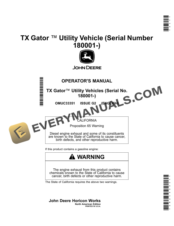 John Deere TX Gator Utility Vehicle Operator Manual OMUC33351