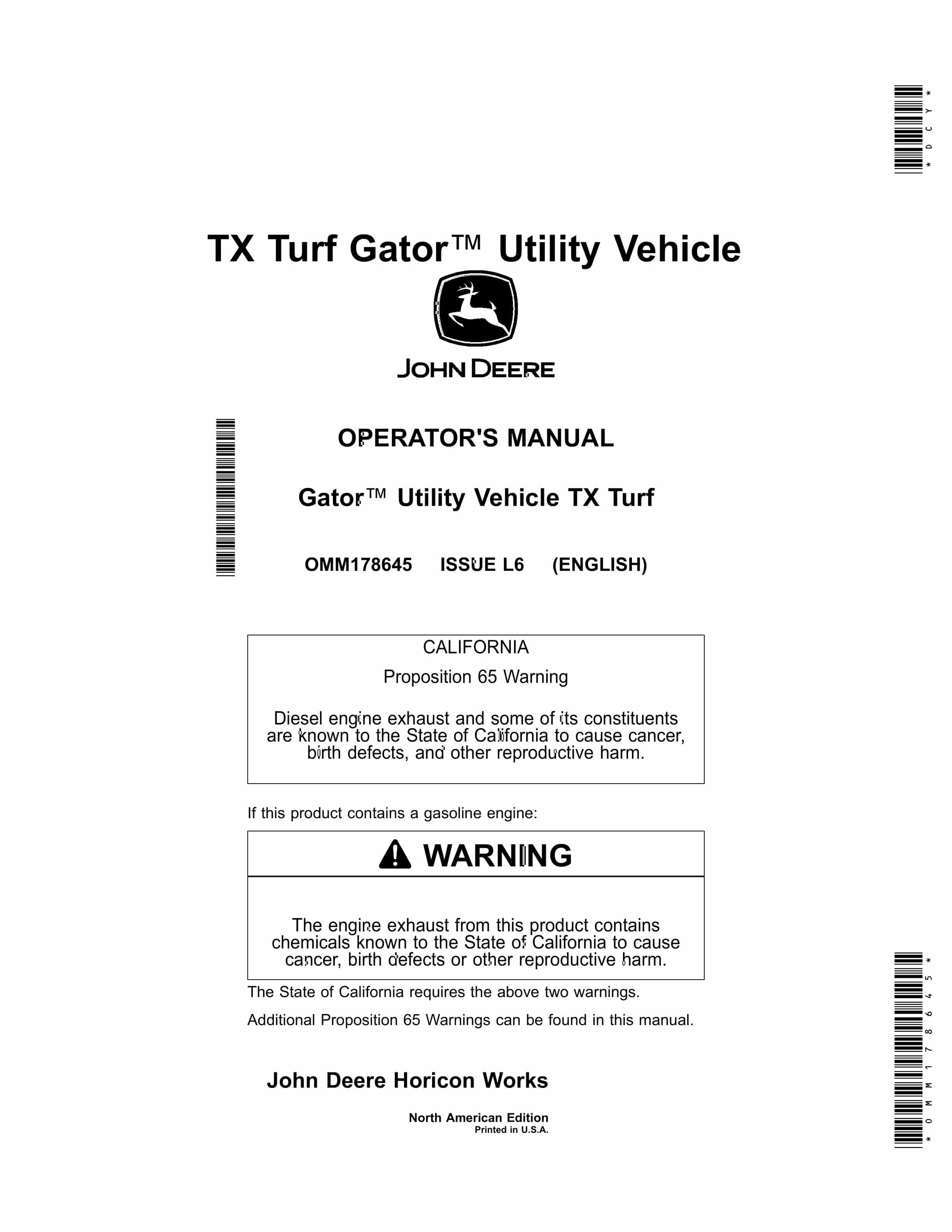 John Deere TX Turf Gator Utility Vehicles Operator Manual OMM178645 1