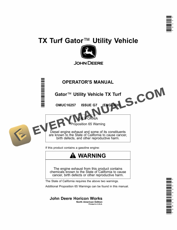 John Deere TX Turf Gator Utility Vehicle Operator Manual OMUC16257