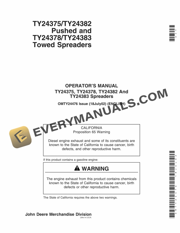 John Deere TY24375TY24378TY24382 And TY24383 Spreader Operator Manual OMTY24476 1