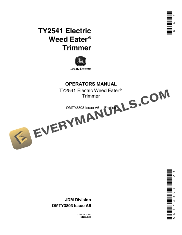 John Deere TY2541 Electric Weed Eater Trimmer Operator Manual OMTY3803 1