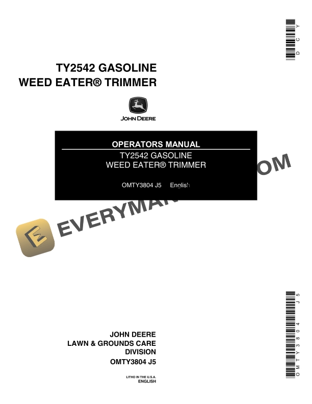 John Deere TY2542 GASOLINE WEED EATER TRIMMER Operator Manual OMTY3804 1