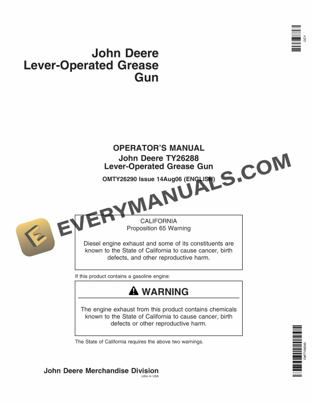 John Deere TY26288 Lever-Operated Grease Gun Operator Manual OMTY26290