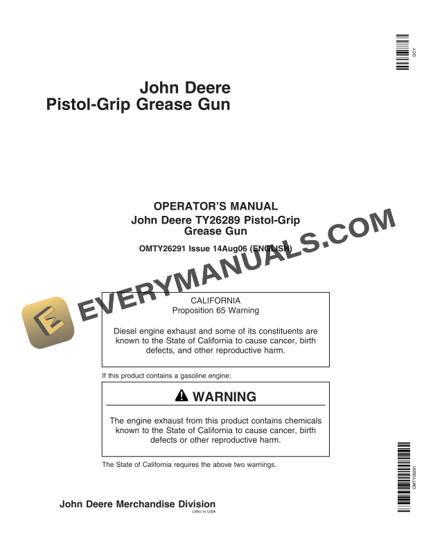 John Deere TY26289 Pistol Grip Grease Gun Operator Manual OMTY26291 1