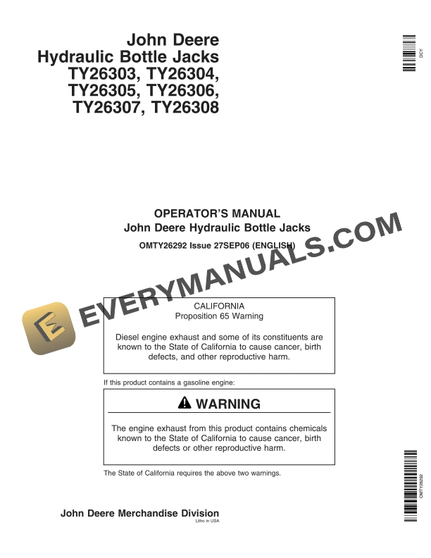 John Deere TY26303, TY26304, TY26305, TY26306, TY26307, TY26308 Hydraulic Bottle Jacks Operator Manual OMTY26292