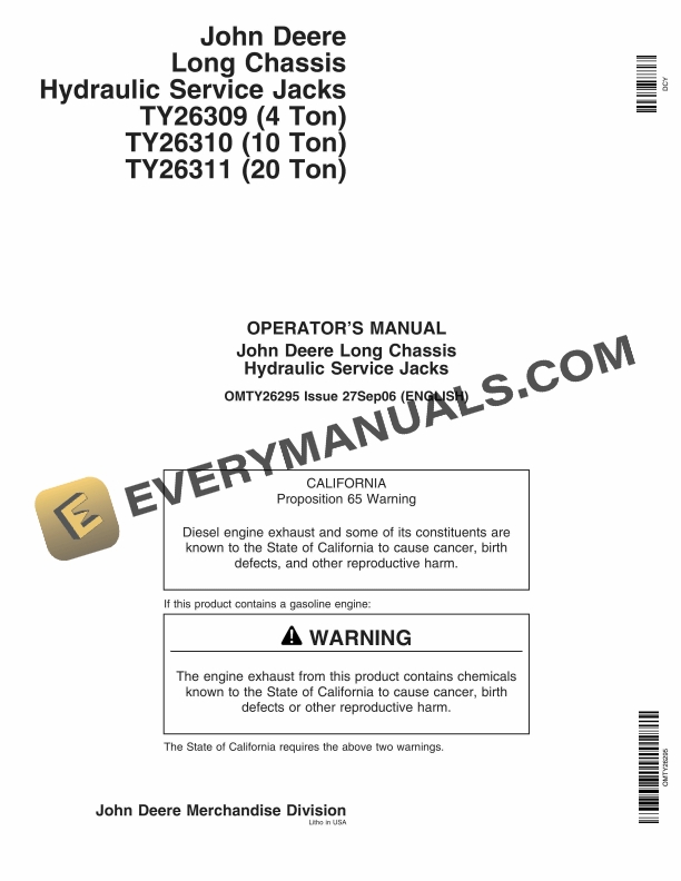 John Deere TY26309 4 Ton TY26310 10 Ton TY26311 20 Ton Long Chassis Hydraulic Service Jacks Operator Manual OMTY26295 1