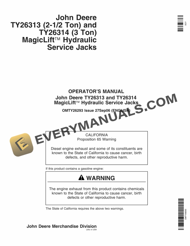 John Deere TY26313 and TY26314 MagicLift Hydraulic Service Jacks Operator Manual OMTY26293 1