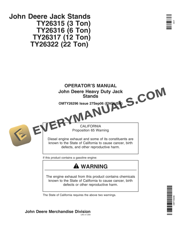 John Deere TY26315 (3 Ton) to TY26322 (22 Ton) Heavy Duty Jack Stands Operator Manual OMTY26296