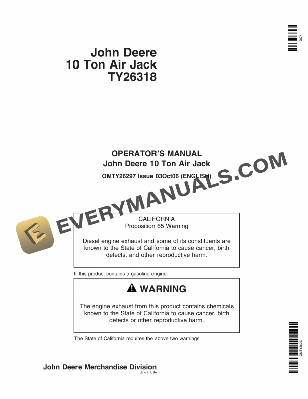 John Deere TY26318 10 Ton Air Jack Operator Manual OMTY26297