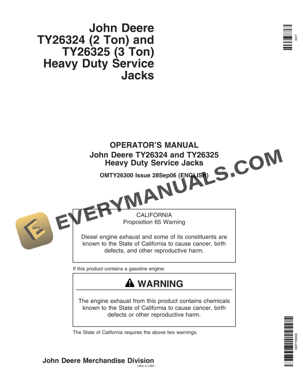John Deere TY26324 2 Ton and TY26325 3 Ton Heavy Duty Service Jacks Operator Manual OMTY26300 1