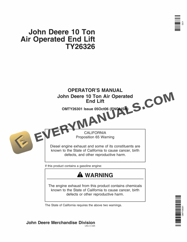 John Deere TY26326 10 Ton Air Operated End Lift Operator Manual OMTY26301