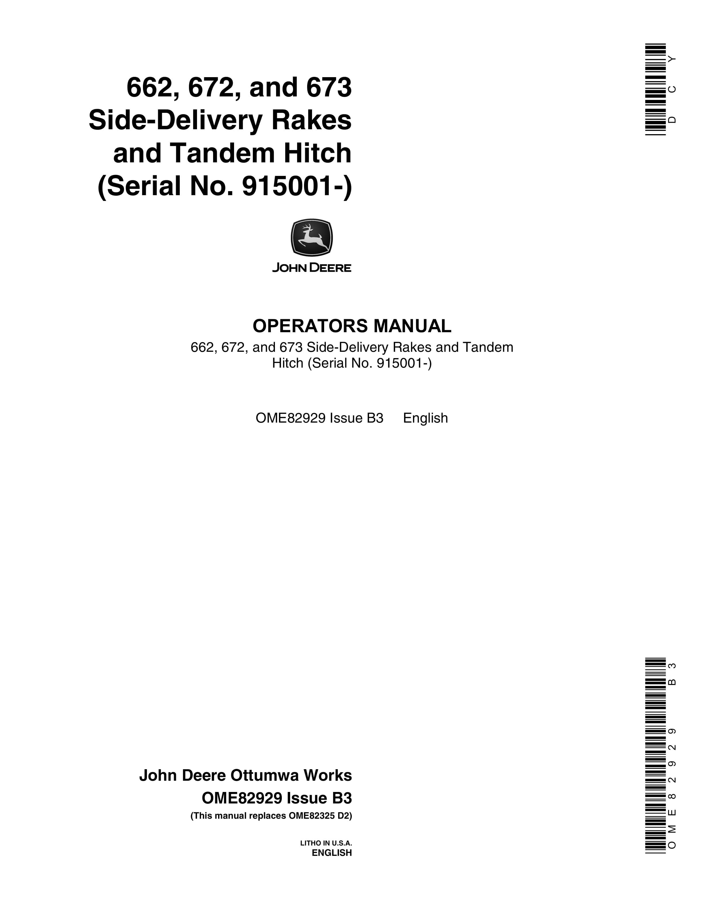 John Deere Tandem Hitch and 662 672 and 673 Side Delivery Rakes Operator Manual OME82929 1
