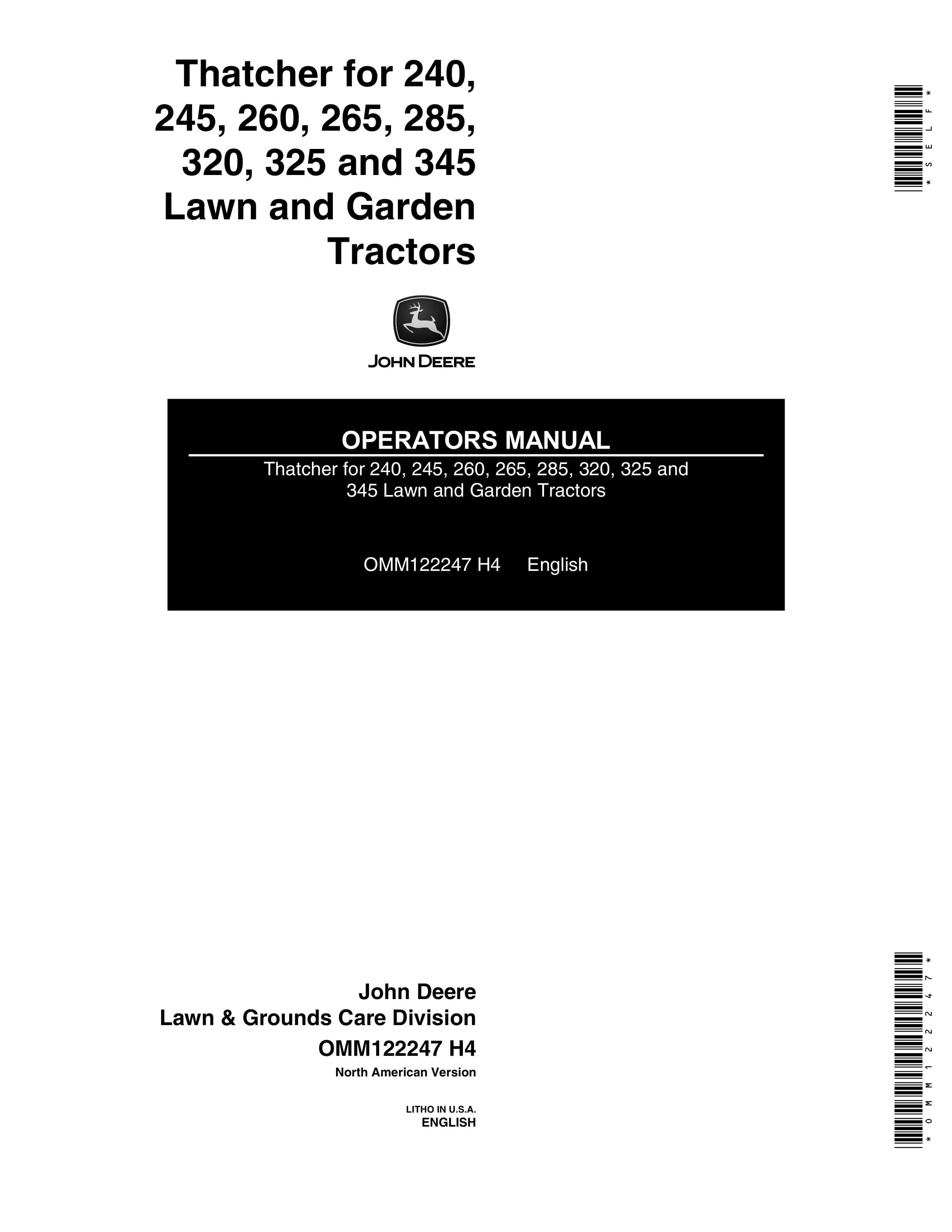 John Deere Thatcher for 240 245 260 265 285 320 325 and 345 Lawn and Garden Tractors Operator Manual OMM122247 1