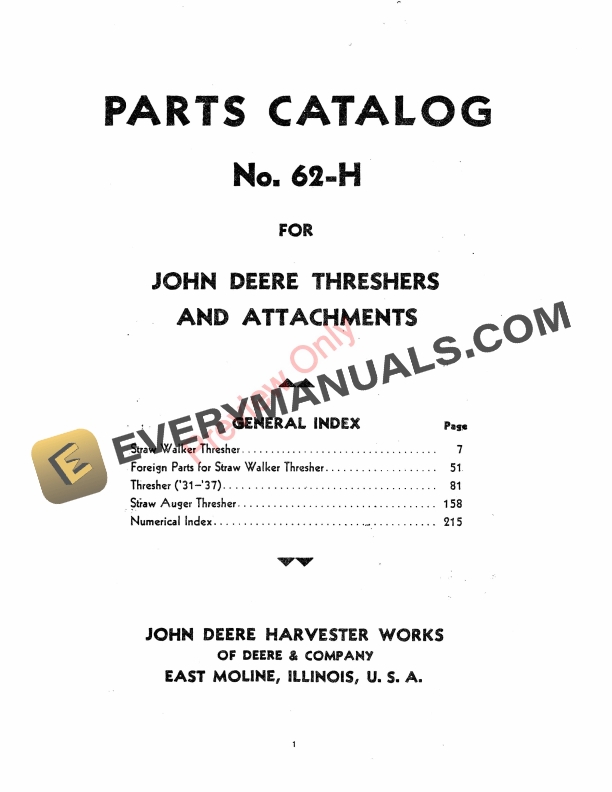 John Deere Threshers and Attachments Parts Catalog PC62H 01MAY47