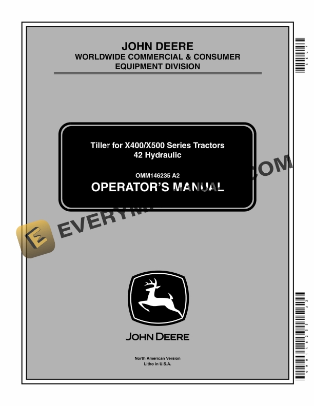 John Deere Tiller For X400, X500 Series Tractors 42 Hydraulic Operator Manual OMM146235