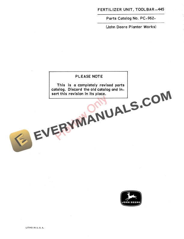 John Deere Toolbar Fertilizer Unit - 445 Parts Catalog PC962 01APR67