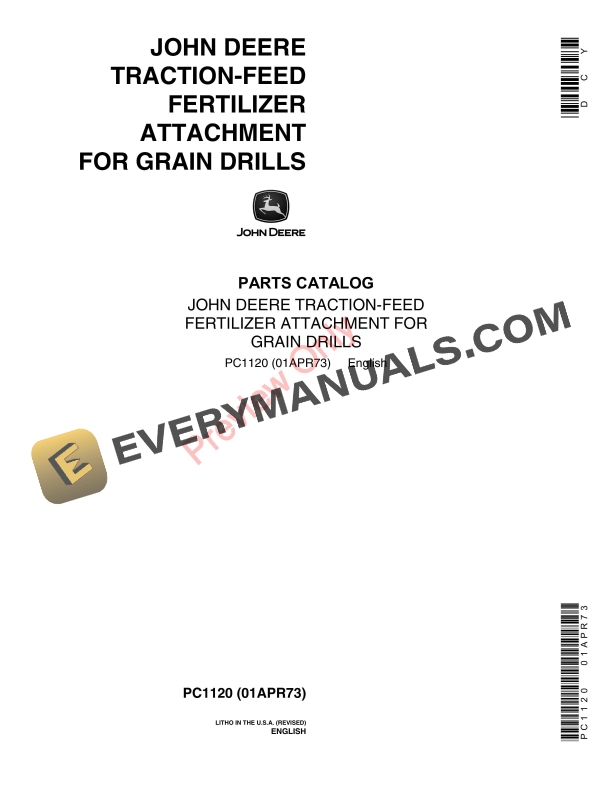 John Deere Traction-Feed Fertilizer Attachment For Grain Drills Parts Catalog PC1120 01APR73