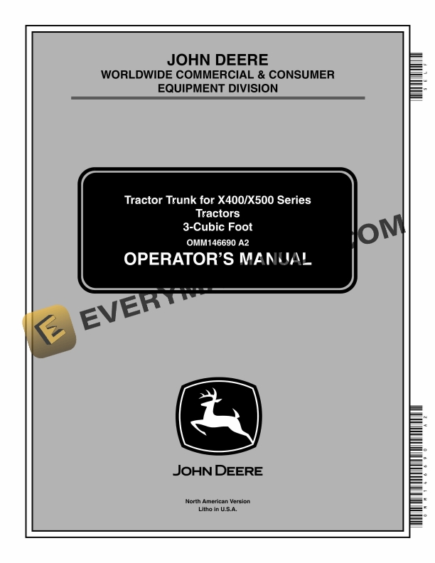 John Deere Tractor Trunk For X400, X500 Series Tractors 3-Cubic Foot Operator Manual OMM146690