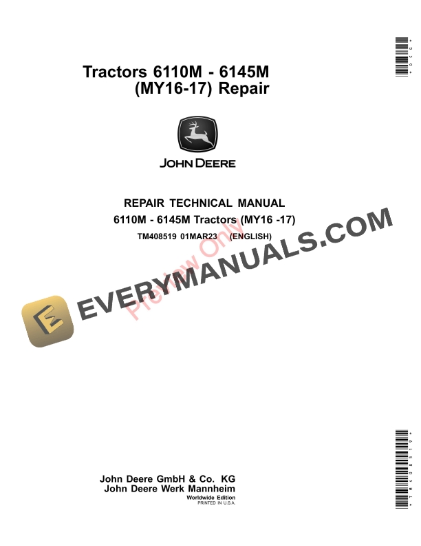 John Deere Tractors 6110M, 6120M, 6130M, 6135M, 6140M, 6145M (MY2016 Repair Technical Manual TM408519 01MAR23