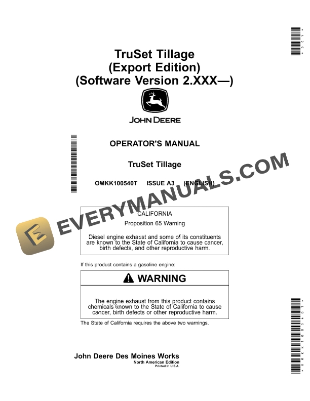 John Deere TruSet Tillage Operator Manual OMKK100540T
