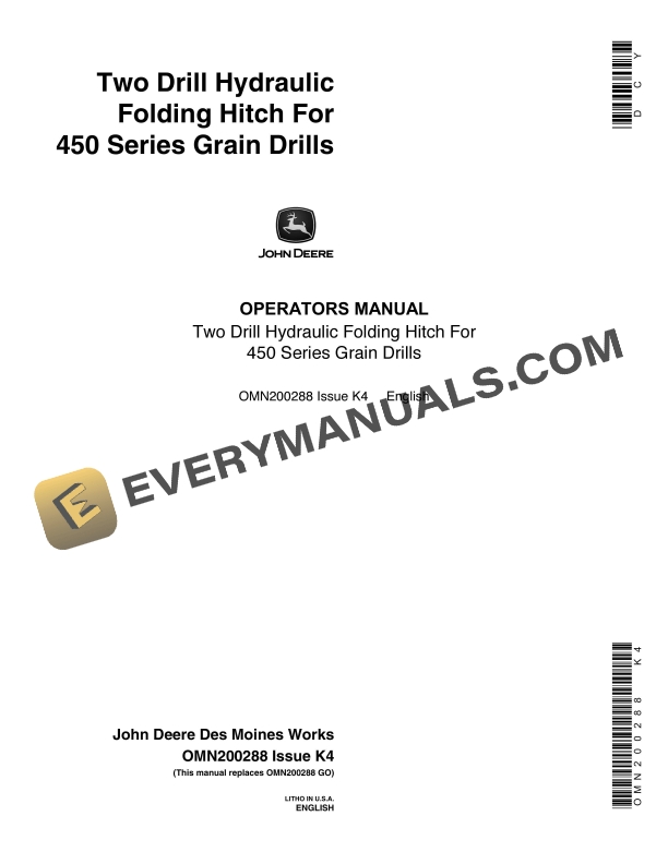 John Deere Two Drill Hydraulic Folding Hitch For 450 Series Grain Drills Operator Manual OMN200288