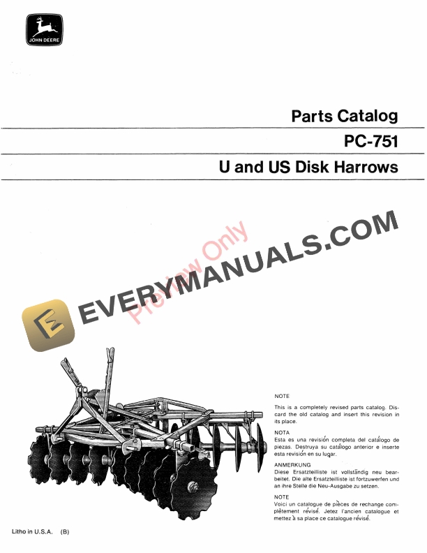 John Deere U and US Disk Harrows Parts Catalog PC751 01APR70 1