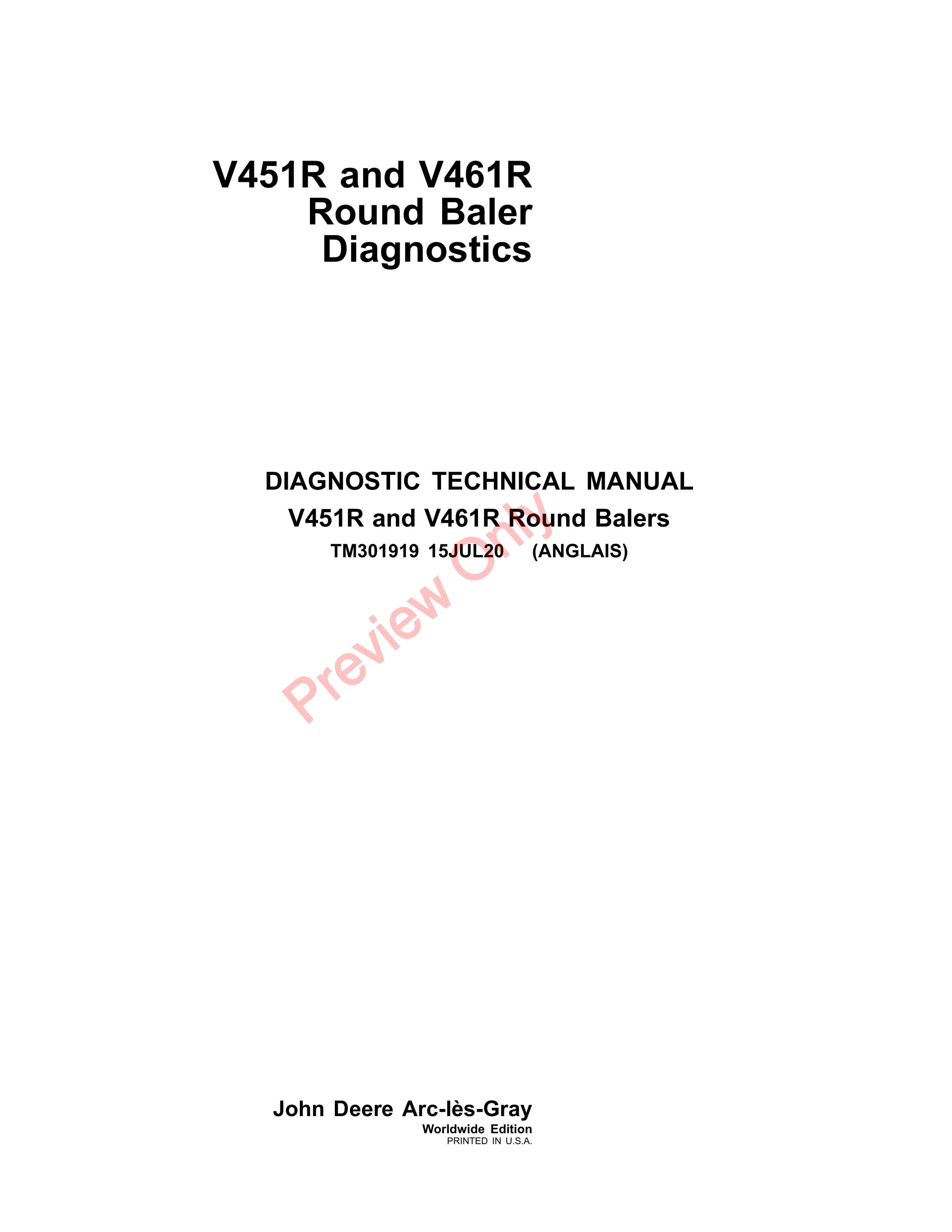John Deere V451R and V461R Round Balers Technical Manual TM301919 15JUL20 1