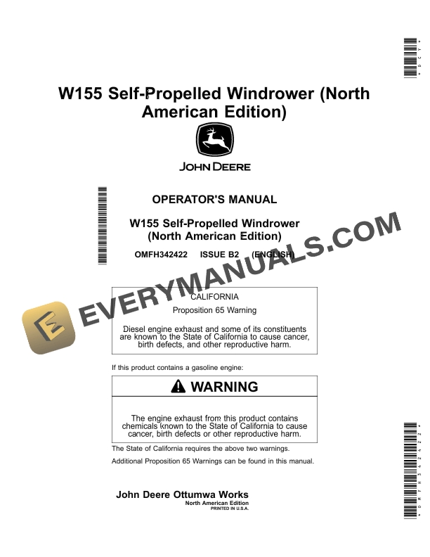 John Deere W155 Self Propelled Windrower Operator Manual OMFH342422 1