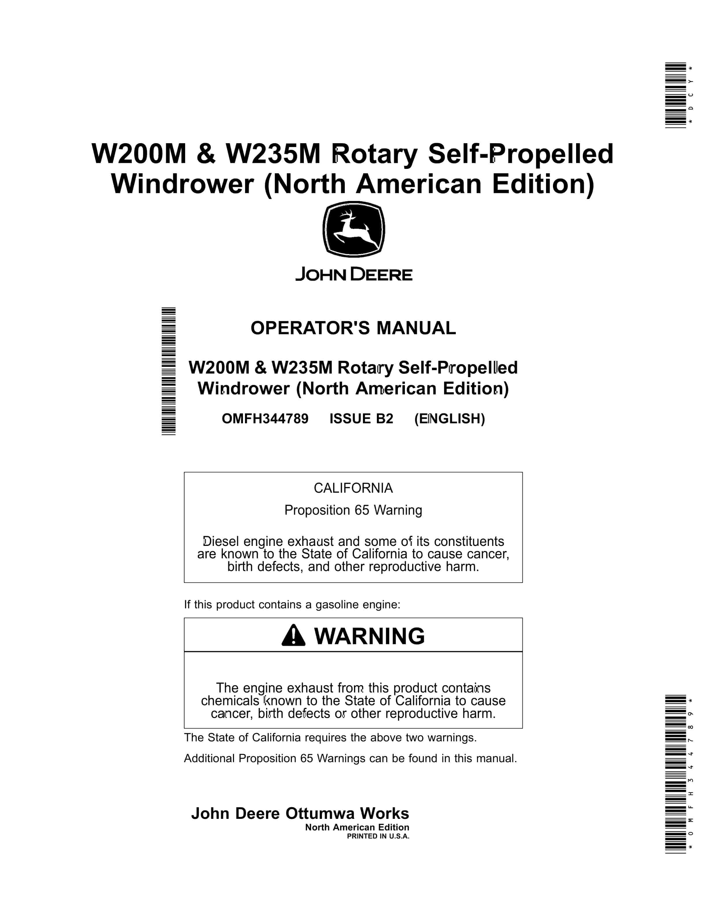 John Deere W200M and W235M Rotary Self Propelled Windrower Operator Manual OMFH344789 1