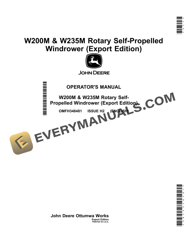 John Deere W200M and W235M Rotary Self-Propelled Windrower Operator Manual OMFH348481