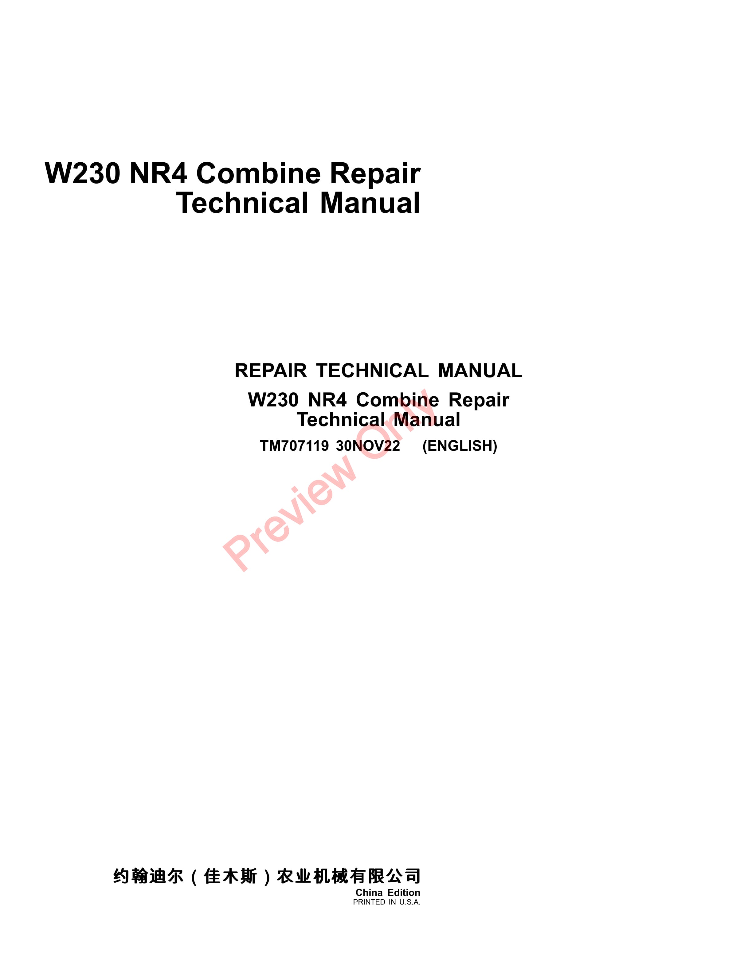 John Deere W230 NR4 Combine Repair Technical Manual TM707119 30NOV22 1