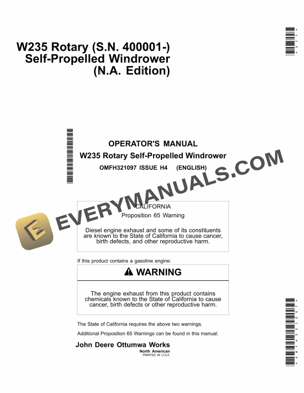 John Deere W235 Rotary Self-Propelled Windrower Operator Manual OMFH321097 1 John Deere W235 Rotary Self Propelled Windrower Operator Manual OMFH321097 1