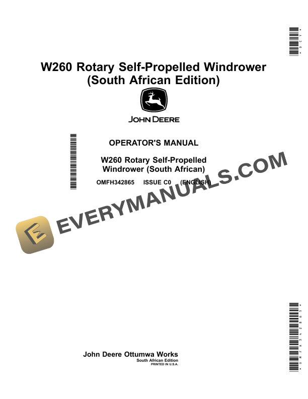 John Deere W260 Rotary Self Propelled Windrower Operator Manual OMFH342865 1