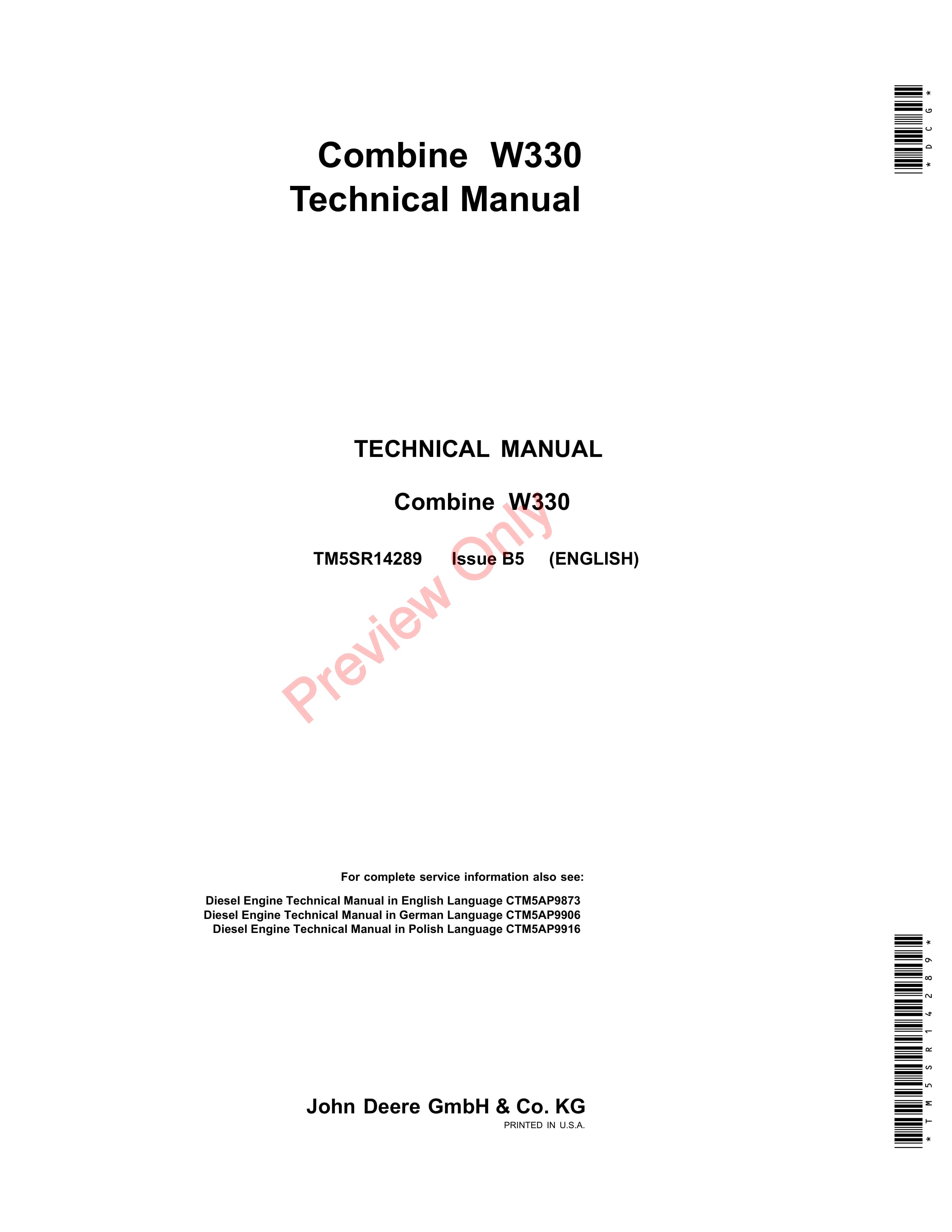 John Deere W330 Combines Technical Manual TM5SR14289 01JUN16 1